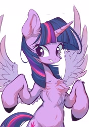 Size: 1535x2185 | Tagged: safe, artist:sione29031414, part of a set, character:twilight sparkle, character:twilight sparkle (alicorn), species:alicorn, species:pony, g4, belly, belly button, bipedal, chest fluff, ear fluff, female, fluffy, horn, leg fluff, mare, simple background, solo, spread wings, white background, wings