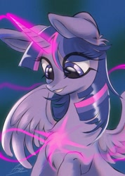 Size: 1053x1479 | Tagged: safe, artist:k_lash147, character:twilight sparkle, character:twilight sparkle (alicorn), species:alicorn, species:pony, g4, chest fluff, eye clipping through hair, female, glowing horn, horn, magic, magic aura, mare, signature, solo, spread wings, wings