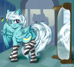 Size: 2200x2000 | Tagged: safe, artist:silverfir, character:fleetfoot, species:pegasus, species:pony, g4, butt, chest fluff, clothing, commission, commissioner:fleetfoot, dock, ear fluff, female, fleetbutt, fluffy, high res, indoors, leg fluff, locker room, looking at you, looking back, looking back at you, mare, mirror, one wing out, plot, raised leg, smiling, smiling at you, socks, solo, striped socks, tail, thigh highs, wings