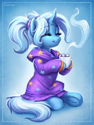 Size: 1200x1600 | Tagged: safe, artist:scheadar, character:trixie, species:pony, species:unicorn, g4, alternate hairstyle, babysitter trixie, chocolate, clothing, cute, diatrixes, drink, eyebrows, eyebrows visible through hair, eyes closed, female, food, frog (hoof), holding, hoodie, hooves, horn, hot chocolate, mare, marshmallow, pigtails, signature, sitting, smiling, solo, twintails, underhoof