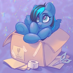 Size: 2048x2048 | Tagged: safe, artist:amishy, oc, oc only, species:pegasus, species:pony, box, eyebrows, high res, pegasus oc, pony in a box, scissors, signature, solo, tape, underhoof, wings