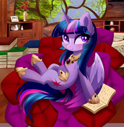 Size: 1543x1574 | Tagged: safe, artist:empress-twilight, character:twilight sparkle, character:twilight sparkle (alicorn), species:alicorn, species:pony, g4, blushing, book, cheek fluff, clothing, colored wings, cute, ear fluff, eyebrows, eyebrows visible through hair, female, gradient wings, heart, heart eyes, hoof shoes, horn, jewelry, looking at you, mare, multicolored wings, pillow, princess shoes, regalia, shoes, smiling, smiling at you, solo, style emulation, twiabetes, window, wingding eyes, wings