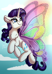 Size: 2894x4093 | Tagged: safe, artist:julunis14, character:rarity, species:pony, species:unicorn, episode:sonic rainboom, g4, my little pony: friendship is magic, butterfly wings, chest fluff, ear fluff, female, fluffy, flying, gossamer wings, grin, high res, horn, leg fluff, mare, sky, smiling, solo, spread wings, wings