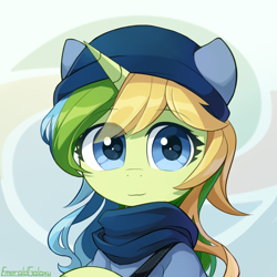 Size: 2000x2000 | Tagged: safe, artist:emeraldgalaxy, oc, oc only, oc:meralaxy, species:pony, species:unicorn, abstract background, bust, clothing, eye clipping through hair, eyebrows, eyebrows visible through hair, female, hat, high res, horn, looking at you, mare, scarf, signature, smiling, smiling at you, solo, unicorn oc