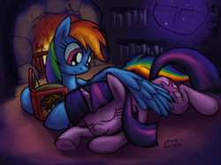 Size: 2392x1788 | Tagged: safe, artist:cazra, character:rainbow dash, character:twilight sparkle, character:twilight sparkle (unicorn), species:pegasus, species:pony, species:unicorn, ship:twidash, g4, book, commission, cuddling, cute, duo, duo female, eyes closed, female, fireplace, high res, horn, hug, lesbian, looking at someone, lying down, mare, prone, reading, shipping, signature, sleeping, smiling, snuggling, underhoof, wing blanket, winghug, wings