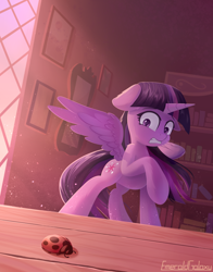 Size: 1800x2300 | Tagged: safe, artist:emeraldgalaxy, character:twilight sparkle, character:twilight sparkle (alicorn), species:alicorn, species:pony, g4, book, bookshelf, coccinellidaephobia, eyebrows, female, floppy ears, gritted teeth, high res, horn, horror, indoors, insect, ladybug, looking at something, mare, raised hoof, signature, solo, spread wings, teeth, twilight hates ladybugs, wings