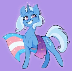 Size: 1371x1348 | Tagged: safe, artist:boorakun, character:trixie, species:pony, species:unicorn, g4, chest fluff, eyelashes, female, grin, horn, lavender background, looking at you, mare, pride, pride flag, raised hoof, simple background, smiling, smiling at you, solo, sparkles, starry eyes, tail, trans female, trans trixie, transgender, transgender pride flag, wingding eyes