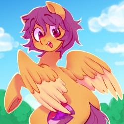 Size: 2000x2000 | Tagged: safe, artist:boorakun, character:scootaloo, species:pegasus, species:pony, g4, cloud, colored wings, cute, cutealoo, eyebrows, eyebrows visible through hair, female, frog (hoof), heart hoof, high res, hooves, looking at you, looking back, looking back at you, mare, multicolored wings, older, older scootaloo, open mouth, open smile, partially open wings, sky, smiling, smiling at you, solo, the cmc's cutie marks, two toned wings, underhoof, wings