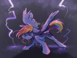 Size: 2048x1536 | Tagged: safe, artist:boorakun, character:rainbow dash, species:pegasus, species:pony, g4, angry, female, floppy ears, lightning, mare, rain, solo, spread wings, wings