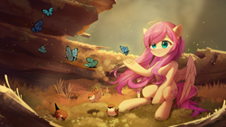 Size: 2800x1575 | Tagged: safe, artist:emeraldgalaxy, character:fluttershy, species:bird, species:pegasus, species:pony, g4, butterfly, cute, eye clipping through hair, eyebrows, eyebrows visible through hair, female, frog (hoof), high res, hoofbutt, hooves, mare, outdoors, partially open wings, shyabetes, signature, sitting, smiling, solo, underhoof, wings