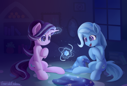 Size: 2800x1900 | Tagged: safe, artist:emeraldgalaxy, character:starlight glimmer, character:trixie, species:pony, species:unicorn, g4, brooch, cape, clasp, clothing, duo, duo female, eyebrows, female, gem, glowing horn, hat, high res, horn, indoors, jewelry, magic, magic aura, mare, open mouth, open smile, signature, sitting, smiling, trixie's brooch, trixie's cape, trixie's hat, wizard hat
