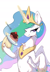 Size: 1535x2185 | Tagged: safe, artist:sione29031414, part of a set, character:princess celestia, species:alicorn, species:pony, g4, belly, belly button, bipedal, cake, cakelestia, chest fluff, clothing, crown, cute, cutelestia, ear fluff, ethereal mane, eyebrows, eyebrows visible through hair, female, fluffy, food, fork, glowing horn, hoof shoes, horn, jewelry, levitation, lidded eyes, long mane, looking at you, magic, magic aura, mare, necklace, one eye closed, peytral, plate, princess shoes, regalia, shoes, simple background, solo, spread wings, tail, telekinesis, that pony sure does love cakes, white background, wings