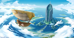 Size: 3100x1600 | Tagged: safe, artist:emeraldgalaxy, g4, my little pony: the movie (2017), airship, celaeno's airship, cloud, flying, high res, mount aris, no pony, ocean, pirate ship, scenery, signature, sky, water