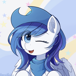 Size: 2000x2000 | Tagged: safe, artist:emeraldgalaxy, oc, oc only, species:pegasus, species:pony, bust, clothing, commission, ear fluff, eye clipping through hair, eyebrows, eyebrows visible through hair, hat, high res, looking at you, one eye closed, open mouth, open smile, pegasus oc, signature, smiling, smiling at you, solo, wings, wink, winking at you