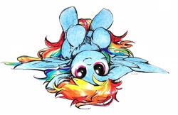 Size: 2509x1623 | Tagged: safe, artist:liaaqila, character:rainbow dash, species:pegasus, species:pony, g4, cute, dashabetes, female, high res, looking at you, lying down, mare, on back, signature, simple background, smiling, smiling at you, solo, spread wings, traditional art, upside down, white background, wings