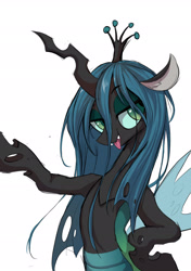 Size: 1535x2185 | Tagged: safe, artist:sione29031414, part of a set, character:queen chrysalis, species:changeling, g4, belly, bipedal, changeling queen, eyebrows, eyebrows visible through hair, fangs, female, horn, looking at you, open mouth, sharp teeth, simple background, solo, tongue out, white background