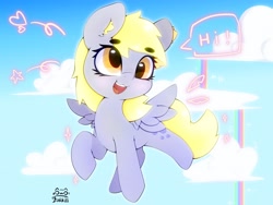 Size: 4000x3000 | Tagged: safe, artist:zokkili, character:derpy hooves, species:pegasus, species:pony, g4, beanbrows, cloud, cute, derpabetes, ear fluff, eyebrows, eyebrows visible through hair, female, flying, high res, open mouth, open smile, rainbow waterfall, signature, sky, smiling, solo, speech bubble, spread wings, wings