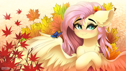 Size: 7680x4320 | Tagged: safe, artist:natanvok, character:fluttershy, species:pegasus, species:pony, g4, absurd file size, absurd resolution, blushing, butterfly, chest fluff, ear fluff, eyebrows, eyebrows visible through hair, female, leaf, leaves, lidded eyes, looking at you, mare, signature, smiling, smiling at you, solo, spread wings, wallpaper, wings