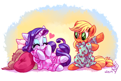 Size: 1800x1200 | Tagged: safe, artist:rarijackdaily, artist:whitediamonds, character:applejack, character:rarity, species:earth pony, species:pony, species:unicorn, ship:rarijack, g4, apple family member, blushing, clothing, cute, duo, duo female, eyebrows, eyebrows visible through hair, eyes closed, female, freckles, hatless, heart, horn, jackabetes, lesbian, mare, missing accessory, open mouth, pajamas, pillow, raribetes, rarijack daily, shipping, signature, smiling, underhoof, weapons-grade cute