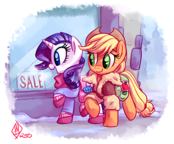 Size: 1550x1275 | Tagged: safe, artist:rarijackdaily, artist:whitediamonds, character:applejack, character:rarity, species:earth pony, species:pony, species:unicorn, ship:rarijack, g4, apple family member, applejack's hat, bag, clothing, cowboy hat, cute, duo, duo female, eyebrows, eyebrows visible through hair, female, freckles, hat, horn, jackabetes, jacket, lesbian, looking at someone, looking at something, mare, open mouth, open smile, raised hoof, raised leg, raribetes, rarijack daily, saddle bag, scarf, shipping, shopping, signature, smiling, stetson