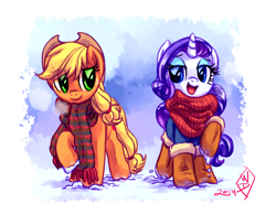 Size: 1450x1125 | Tagged: safe, artist:rarijackdaily, artist:whitediamonds, character:applejack, character:rarity, species:earth pony, species:pony, species:unicorn, ship:rarijack, g4, apple family member, applejack's hat, boots, bundled up, clothing, cowboy hat, duo, duo female, eyebrows, eyebrows visible through hair, fashion, female, freckles, hat, horn, lesbian, mare, open mouth, open smile, raised hoof, rarijack daily, scarf, shipping, shoes, signature, smiling, snow, stetson, striped scarf, winter, winter outfit