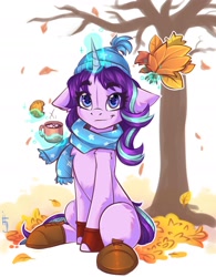 Size: 1200x1540 | Tagged: safe, artist:falafeljake, character:starlight glimmer, species:pony, species:unicorn, g4, autumn, beanie, boots, chocolate, clothing, cookie, cute, dead tree, drink, eyebrows, eyebrows visible through hair, female, floppy ears, food, glimmerbetes, glowing horn, hat, horn, hot chocolate, leaves, levitation, looking at you, magic, magic aura, mare, mug, scarf, shoes, signature, smiling, smiling at you, solo, telekinesis, tree