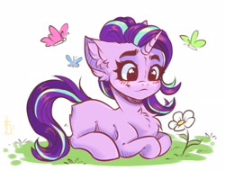 Size: 2912x2200 | Tagged: safe, artist:falafeljake, character:starlight glimmer, species:pony, species:unicorn, g4, blushing, butterfly, chest fluff, cute, ear fluff, eyebrows, female, flower, glimmerbetes, high res, horn, looking at something, lying down, mare, ponyloaf, prone, signature, simple background, smiling, solo, white background