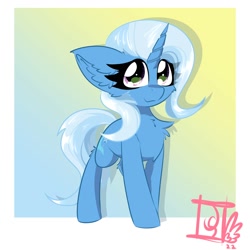 Size: 2000x2000 | Tagged: safe, artist:jubyskylines, character:trixie, species:pony, species:unicorn, g4, chest fluff, cute, diatrixes, ear fluff, female, gradient background, high res, horn, leg fluff, looking at you, mare, passepartout, signature, smiling, smiling at you, solo