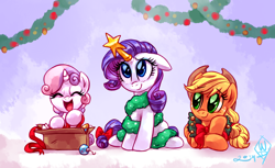 Size: 2000x1225 | Tagged: safe, artist:rarijackdaily, artist:whitediamonds, character:applejack, character:rarity, character:sweetie belle, species:earth pony, species:pony, species:unicorn, ship:rarijack, g4, apple family member, applejack's hat, belle sisters, box, christmas, christmas ornament, clothing, cowboy hat, cute, decoration, diasweetes, eyebrows, eyebrows visible through hair, eyes closed, female, filly, floppy ears, freckles, hat, holiday, horn, lesbian, looking at someone, lying down, mare, open mouth, prone, rarijack daily, shipping, siblings, signature, sisters, sitting, smiling, stetson, trio, young