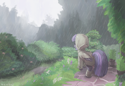 Size: 1440x991 | Tagged: safe, artist:mewball, character:twilight sparkle, character:twilight sparkle (alicorn), species:alicorn, species:pony, g4, boots, clothing, eyes closed, female, folded wings, grass, mare, outdoors, rain, raincoat, rear view, scenery, shoes, signature, smiling, solo, wings