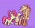 Size: 1003x823 | Tagged: safe, artist:flutterberrypie, character:apple bloom, character:applejack, species:earth pony, species:pony, g4, adorabloom, apple family member, apple sisters, applejack's hat, blank flank, clothing, colored pinnae, cowboy hat, cute, duo, duo female, female, filly, freckles, hat, lavender background, looking at each other, looking at someone, mare, no pupils, open mouth, open smile, raised hoof, round ears, siblings, signature, simple background, sisters, smiling, stetson, young