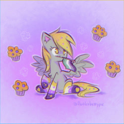 Size: 1080x1080 | Tagged: safe, artist:flutterberrypie, character:derpy hooves, species:pegasus, species:pony, g4, aromantic pride flag, clothing, cute, derpabetes, food, holding, mouth hold, muffin, no pupils, nonbinary, nonbinary pride flag, pride, pride flag, raised hoof, signature, sitting, smiling, socks, solo, spread wings, striped socks, wings