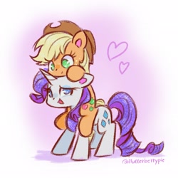 Size: 2048x2048 | Tagged: safe, artist:flutterberrypie, character:applejack, character:rarity, species:earth pony, species:pony, species:unicorn, ship:rarijack, g4, apple family member, applejack riding rarity, applejack's hat, clothing, colored pinnae, cowboy hat, cute, duo, duo female, female, floating heart, freckles, hat, heart, high res, horn, jackabetes, lesbian, mare, no pupils, open mouth, ponies riding ponies, raribetes, riding, shipping, signature, sparkles, stetson