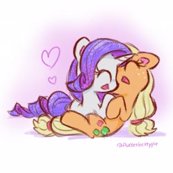 Size: 2048x2048 | Tagged: safe, artist:flutterberrypie, character:applejack, character:rarity, species:earth pony, species:pony, species:unicorn, ship:rarijack, g4, apple family member, colored pinnae, cute, duo, duo female, eyes closed, female, floating heart, freckles, hatless, heart, high res, horn, jackabetes, lesbian, mare, missing accessory, open mouth, open smile, raribetes, shipping, signature, smiling, sparkles