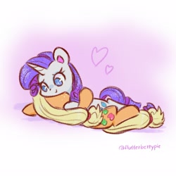 Size: 2048x2048 | Tagged: safe, artist:flutterberrypie, character:applejack, character:rarity, species:earth pony, species:pony, species:unicorn, ship:rarijack, g4, apple family member, colored pinnae, cuddling, cute, duo, duo female, female, floating heart, freckles, hatless, heart, high res, horn, lesbian, lying down, mare, missing accessory, no pupils, raribetes, shipping, signature, smiling, sparkles