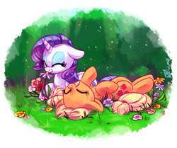 Size: 1525x1275 | Tagged: safe, artist:rarijackdaily, artist:whitediamonds, character:applejack, character:rarity, species:earth pony, species:pony, species:unicorn, ship:rarijack, g4, apple family member, cute, duo, duo female, eyes closed, female, floppy ears, flower, freckles, grass, grin, hatless, horn, horses doing horse things, jackabetes, lesbian, lying down, mare, missing accessory, nose wrinkle, on back, prone, raribetes, rarijack daily, scenery, shipping, signature, smiling, sniffing, spring, squee