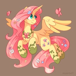 Size: 2000x2000 | Tagged: safe, artist:skysorbett, character:fluttershy, species:alicorn, species:pony, g4, alicornified, beautiful, butterfly, clothing, female, flower, flower in hair, fluttercorn, flying, high res, hoof shoes, horn, jewelry, mare, necklace, peytral, princess shoes, race swap, shoes, simple background, solo, wings
