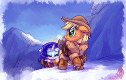 Size: 1950x1250 | Tagged: safe, artist:whitediamonds, character:applejack, character:rarity, species:earth pony, species:pony, species:unicorn, ship:rarijack, g4, apple family member, applejack's hat, blushing, boots, breath, bundled up, clothing, cold, cowboy hat, duo, duo female, eyebrows, eyebrows visible through hair, eyes closed, female, freckles, hat, horn, jacket, lesbian, mare, mountain, outdoors, raised hoof, rarijack daily, shipping, shoes, signature, snow, stetson