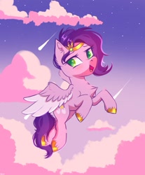 Size: 1240x1499 | Tagged: safe, artist:maxi_ponie, character:pipp petals, species:pegasus, species:pony, g5, adorapipp, chest fluff, cloud, concave belly, cute, diadem, eyebrows, female, flying, jewelry, looking at you, mare, open mouth, open smile, pipp wings, regalia, signature, skinny pipp, sky, smiling, smiling at you, solo, spread wings, stars, unshorn fetlocks, wings