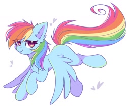 Size: 1616x1346 | Tagged: safe, artist:freyamilk, character:rainbow dash, species:pegasus, species:pony, g4, cute, dashabetes, eye clipping through hair, female, floating heart, heart, looking at you, mare, missing cutie mark, simple background, smiling, smiling at you, solo, spread wings, white background, wings