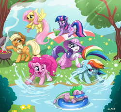 Size: 1500x1391 | Tagged: safe, artist:thegamercolt, character:applejack, character:fluttershy, character:pinkie pie, character:rainbow dash, character:rarity, character:spike, character:twilight sparkle, character:twilight sparkle (alicorn), species:alicorn, species:dragon, species:earth pony, species:pegasus, species:pony, species:unicorn, g4, apple, apple family member, applejack's hat, barbeque, book, clothing, colored eyebrows, cookie, cowboy hat, crepuscular rays, dress, eyebrows, eyes closed, female, floaty, floppy ears, flower, flying, folded wings, food, freckles, grass, grill, hat, horn, inflatable, inner tube, lying down, male, mane seven, mane six, mare, misspelling, one eye closed, open mouth, open smile, outdoors, picnic, picnic blanket, pond, prone, raised hoof, reading, septet, shoes, signature, smiling, splashing, spread wings, stetson, summer, summer dress, sun hat, sunglasses, tree, underhoof, water, wings