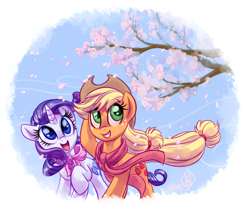 Size: 1650x1400 | Tagged: safe, artist:rarijackdaily, artist:whitediamonds, character:applejack, character:rarity, species:earth pony, species:pony, species:unicorn, ship:rarijack, g4, apple family member, applejack's hat, cherry blossoms, clothing, cowboy hat, duo, duo female, eyebrows, eyebrows visible through hair, female, flower, flower blossom, freckles, grin, hat, horn, lesbian, mare, open mouth, open smile, raised hoof, rarijack daily, scarf, shipping, signature, smiling, spring, stetson