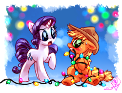 Size: 1450x1100 | Tagged: safe, artist:whitediamonds, character:applejack, character:rarity, species:earth pony, species:pony, species:unicorn, ship:rarijack, g4, apple family member, applejack's hat, blushing, bondage, christmas, christmas lights, clothing, cowboy hat, duo, duo female, embarrassed, eyebrows, eyebrows visible through hair, female, floppy ears, freckles, gritted teeth, hat, holding, holiday, horn, lesbian, lights, looking at someone, mare, mouth hold, nose wrinkle, open mouth, raised hoof, rarijack daily, shipping, signature, silly, silly pony, sitting, stetson, sweat, sweatdrop, tangled up, underhoof, unsexy bondage, who's a silly pony, winter, you had one job