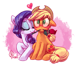 Size: 1400x1200 | Tagged: safe, artist:whitediamonds, character:applejack, character:rarity, species:earth pony, species:pony, species:unicorn, ship:rarijack, g4, apple family member, applejack's hat, blushing, clothing, cowboy hat, cute, duo, duo female, eyebrows, eyebrows visible through hair, eyes closed, female, floating heart, floppy ears, flower, freckles, hat, heart, holding, holiday, horn, jackabetes, lesbian, mare, mouth hold, nuzzling, raised hoof, raribetes, rarijack daily, rose, shipping, signature, sitting, smiling, stetson, valentine's day, wide eyes
