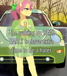 Size: 1823x2083 | Tagged: safe, artist:aztrial, character:posey bloom, species:anthro, species:earth pony, g5, bow, car, cardigan, clothing, colored eyebrows, eyebrows, female, fence, hair bow, jewelry, mare, meme, necklace, profile, skirt, solo, text, tree, tube top, volkswagen, volkswagen beetle