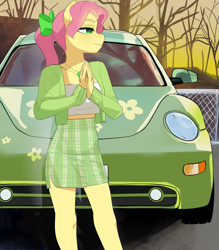 Size: 1823x2083 | Tagged: safe, alternate version, artist:aztrial, character:posey bloom, species:anthro, species:earth pony, g5, bow, car, cardigan, clothing, colored eyebrows, eyebrows, female, fence, hair bow, jewelry, mare, meme, necklace, profile, skirt, solo, text, tree, tube top, volkswagen, volkswagen beetle