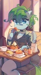 Size: 1909x3446 | Tagged: safe, artist:saxopi, character:morning dew, species:pegasus, species:pony, g4, background pony, breakfast, business suit, butter, choker, clothing, commission, cup, cute, donut, eyebrows, eyebrows visible through hair, female, food, fork, glass, jewelry, looking at you, mare, necklace, pancakes, pantyhose, semi-anthro, shirt, skirt, solo, tail, wings