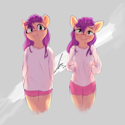 Size: 4000x4000 | Tagged: safe, artist:potato22, character:sunny starscout, species:anthro, species:earth pony, g5, abstract background, adorasexy, bedroom eyes, breasts, clothing, cute, eyebrows, eyebrows visible through hair, female, looking at you, mare, meme, pajamas challenge, sexy, shirt, shorts, signature, simple background, smiling, smiling at you, solo, sports shorts, stupid sexy sunny starscout, sunnybetes, teasing