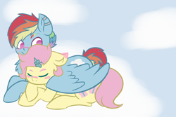 Size: 4134x2756 | Tagged: safe, artist:bluedslite, character:fluttershy, character:rainbow dash, species:pegasus, species:pony, ship:flutterdash, g4, chest fluff, cloud, colored eyebrows, duo, duo female, eyebrows, eyes closed, female, high res, hug, lesbian, lying down, mare, on a cloud, prone, shipping, sky, sleeping, smiling, wing blanket, winghug, wings