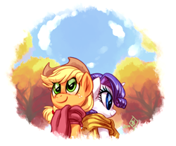 Size: 1450x1200 | Tagged: safe, artist:rarijackdaily, artist:whitediamonds, character:applejack, character:rarity, species:earth pony, species:pony, species:unicorn, ship:rarijack, g4, apple family member, applejack's hat, autumn, clothing, cowboy hat, duo, duo female, female, freckles, hat, horn, lesbian, mare, outdoors, rarijack daily, scarf, scenery, shipping, signature, smiling, stetson, tumblr